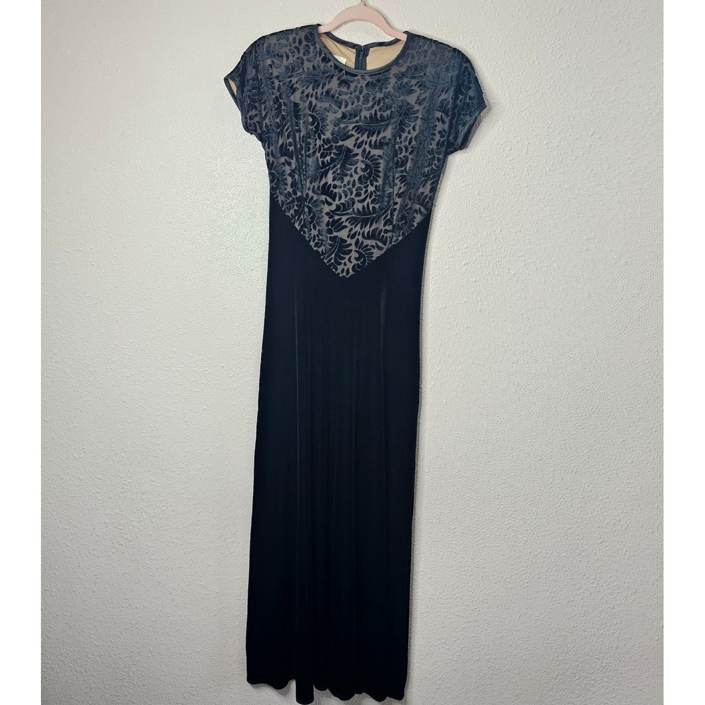 Kelly Bishop Evenings Black Velvet Burnout Floral Maxi Dress Gown Womens Size 6